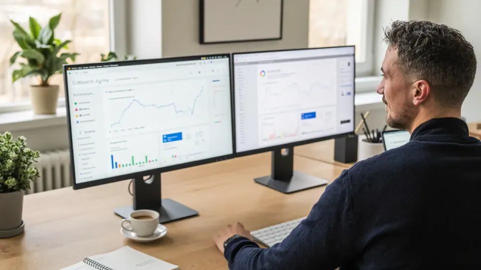 Willem Nales bekijkt SEO-dashboards op twee schermen in zijn kantoor
