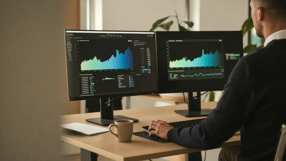 Willem Nales werkt aan twee schermen met SEO-dashboards