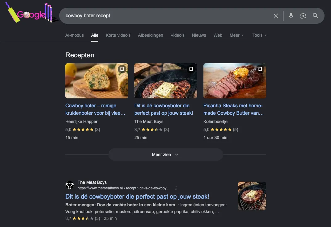 Google-resultaten voor 'cowboy boter recept' met The Meat Boys in de receptencarrousel