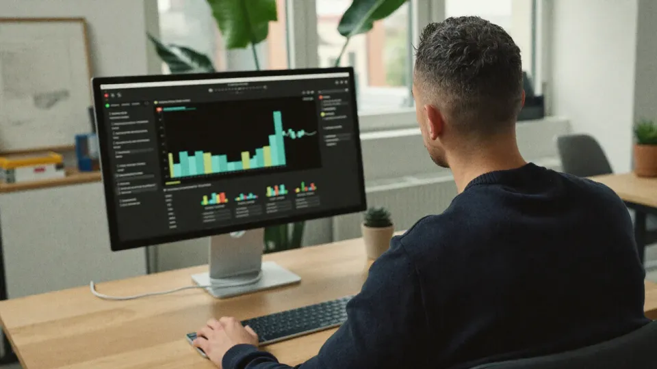 Willem Nales bekijkt Search Console-data op een groot scherm