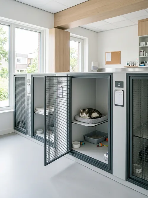 Binnenopstelling van Petfort-kattenverblijven voor opvangcentra