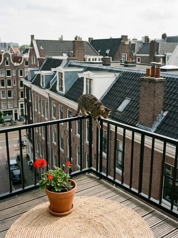Kat in een Petfort-balkonafscherming op maat
