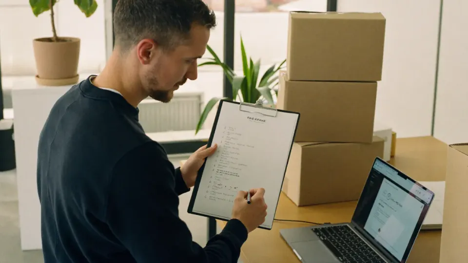 Willem Nales werkt een checklist af naast verhuisdozen