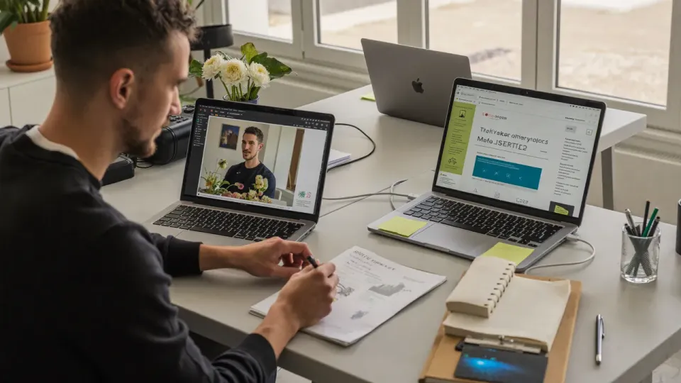 Willem Nales coördineert een SEO-migratie met checklists en twee laptops