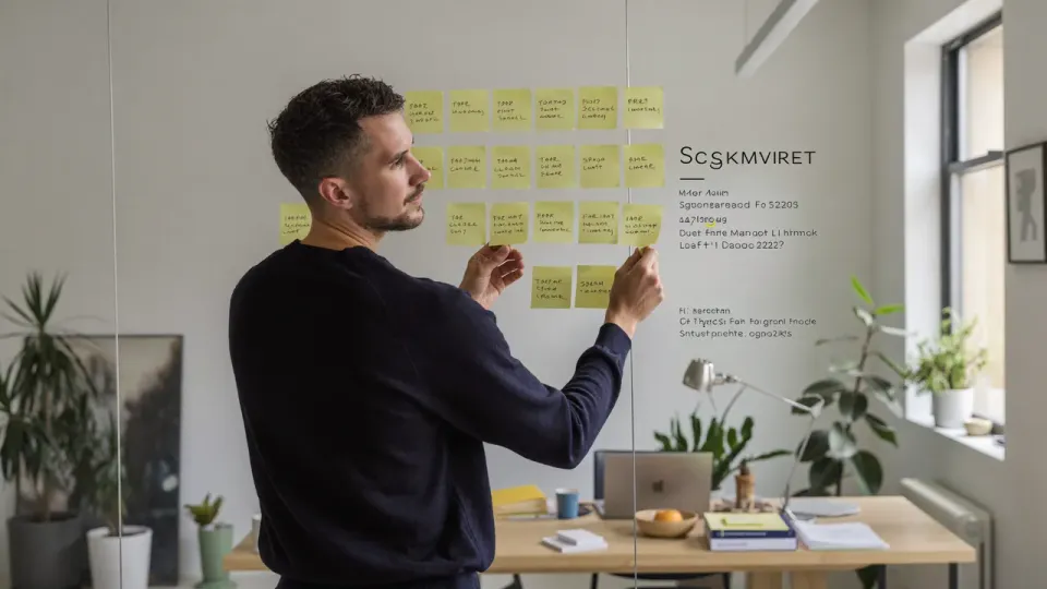 Willem Nales ordent content-clusters op een wand met sticky notes