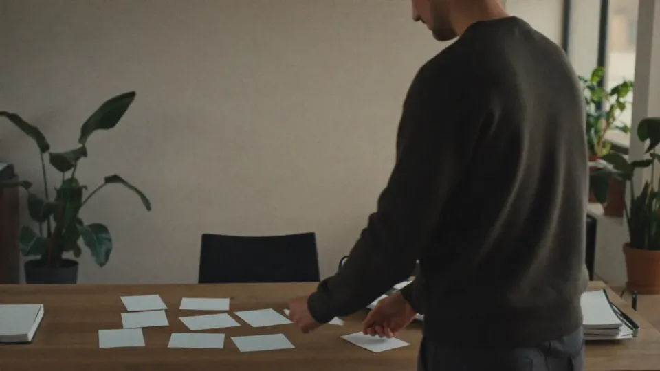 Willem Nales legt kaartjes in een cluster op zijn bureau