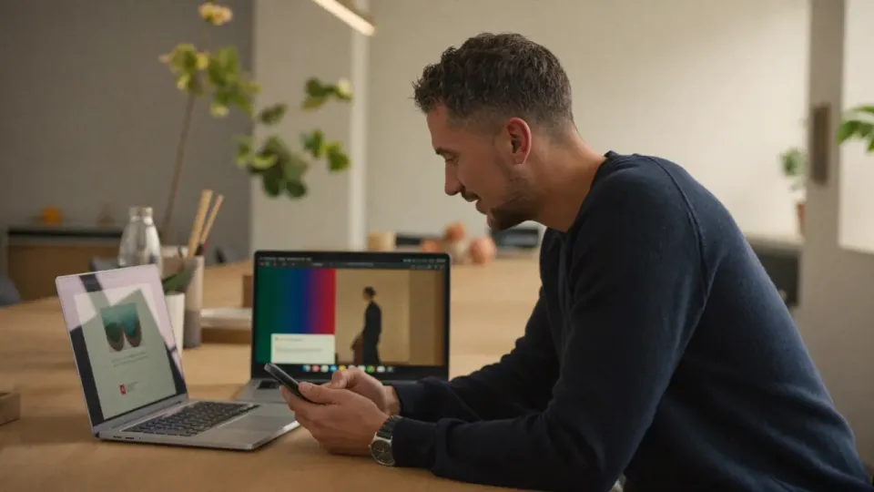 Willem Nales bekijkt zoekresultaten op zijn telefoon naast een open laptop