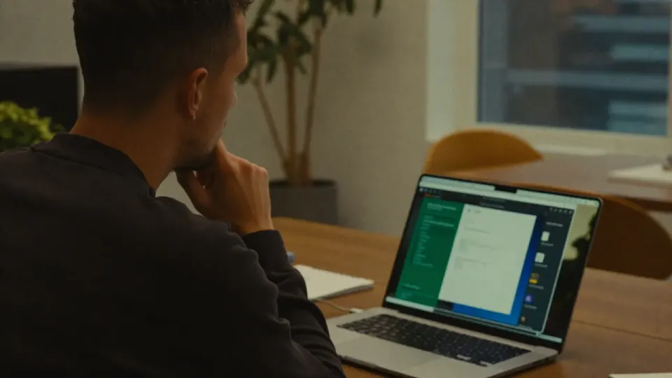 Willem Nales leest een AI-gesprek op zijn laptop aan een houten bureau